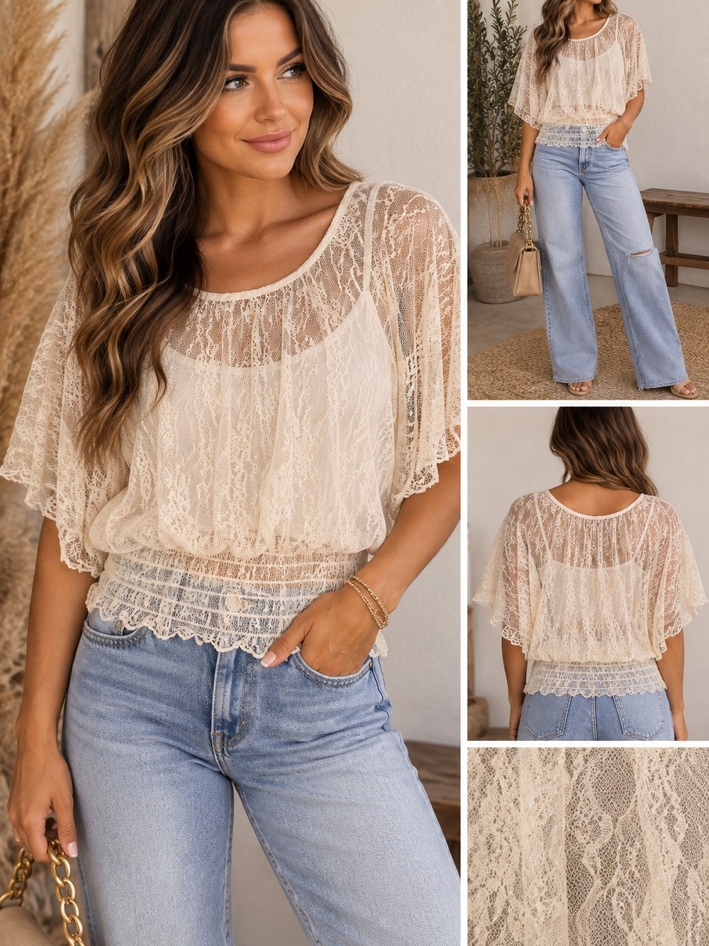 Soulmates Sheer Lace Flutter-Sleeve Blouse - Cream